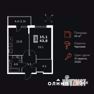 1-к квартира, вторичка, 44м2, 21/24 этаж